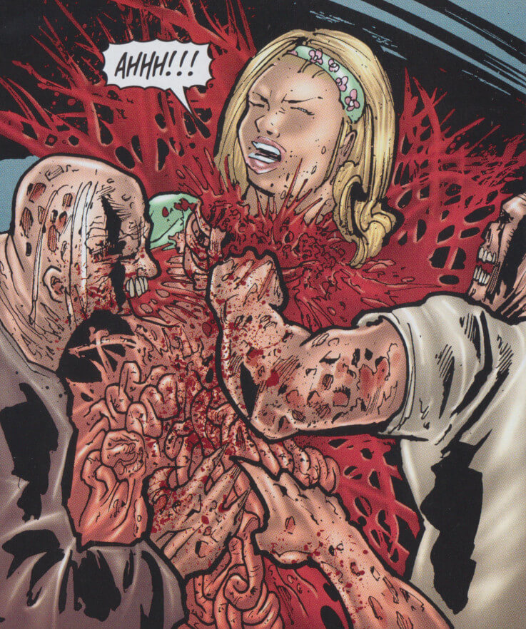 Panel from Night of the Living Dead: Hunger. A woman screams as zombies tear out her organs.