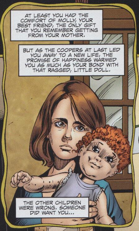 Panel from Night of the Living Dead: Just a Girl. Karen, the little girl from Night of the Living Dead, has a sad face as she clutches a doll. Text: "At least you had the comfort of Molly, your best friend, the only gift that you remember getting from your mother. But as the Coopers at last led you away to a new life, the promise of happiness warmed you as much as your bond with that ragged, little doll. the other children were wrong. Someone did want you..."
