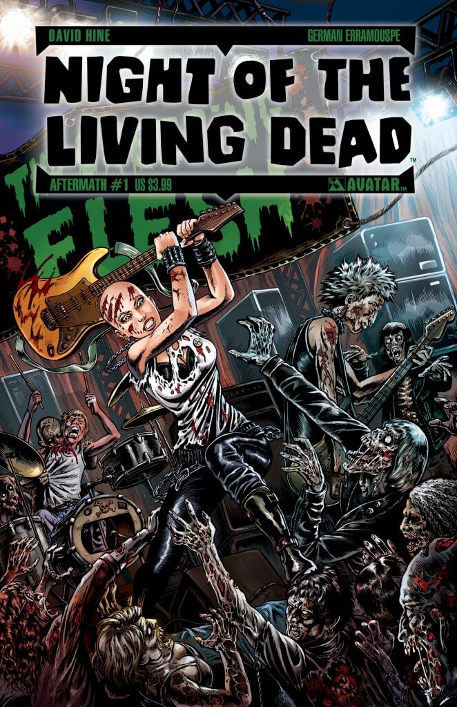 Cover of Night of the Living Dead: Aftermath #1. A shaven-headed punk rocker uses her guitar to fend off a mosh-pit of zombies.