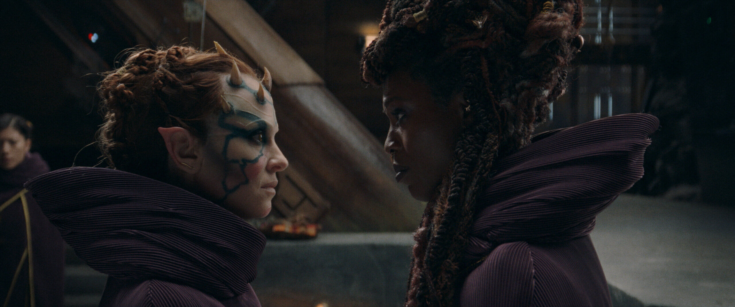 (L-R): Koril (Margarita Levieva) and Mother Aniseya (Jodie Turner-Smith) in Lucasfilm's THE ACOLYTE, season one, exclusively on Disney+. ©2024 Lucasfilm Ltd. & TM. All Rights Reserved.