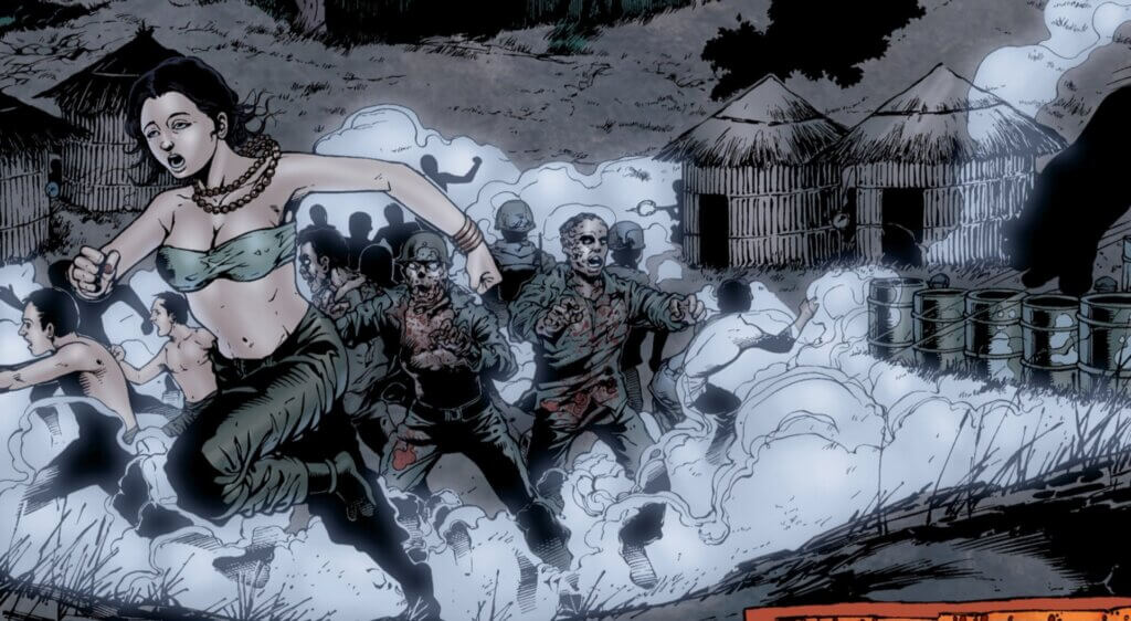 Panel from Plague of the Living Dead Special. A Vietnam War scene where Vietnamese villagers are chased by zombie soldiers. The villagers include two men without shirts, and one woman wearing some sort of tube-top.