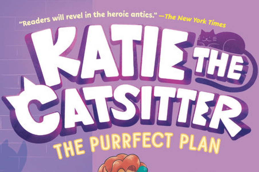 a detail of the cover of Katie the Catsitter the Purrfect Plan by Colleen AF Venable and Stephanie Yue showing the title in white against a purple background