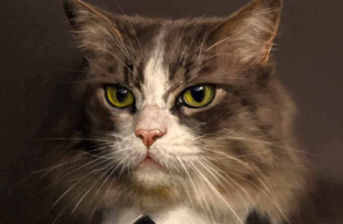 Detail from the cover of John Scalzi's novel Starter Villain, showing an anthropomorphic cat in a business suit.