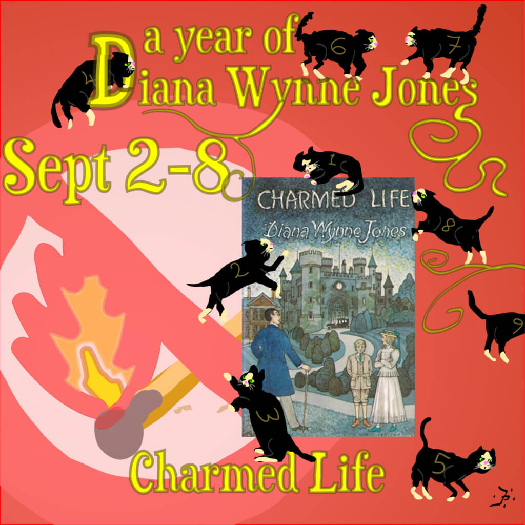 This custom image by Marnanel Thurman shows the dates we read this book, the title and the series title, "A Year of Diana Wynne Jones," with the cover of one edition of the book. Black cats cavort around the words and images.