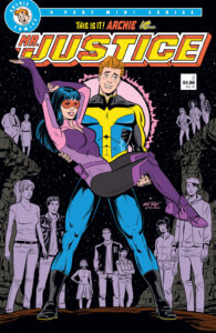 Mr. Justice holds Fly Girl in his arms. She and the teens in the background - Betty, Jughea an the others - are pale purple. It's a clear parody of Crisis on Infinite Earths and the Death of Supergirl Cover