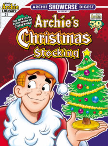 Cover for Archie Showcase digest: Archie's Christmas Stocking featuring Archie dressed as Santa and holding a small Christmas tree in his hand.