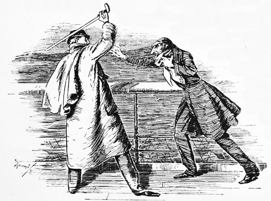 Illustration for Julian Osgood Field's short story "A Kiss of Judas" showing the protagonist, Rowan, preparing to strike the villain Isaac with his cane.