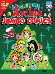 Cover for World of Archie Jumbo Comics #145 featuring Archie, Betty, Veronica, Josie, Jughead, and Sabrina floating heads as ornaments on a Christmas tree.