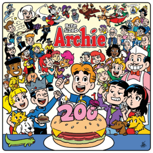 A whole pleathora of Archie Comics characters gathered around a large burger with a 200 candle perched atop it