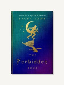 The cover of The Forbidden Book by Sacha Lamb shows a running golden silhouette in trousers with a shadow in a dress.