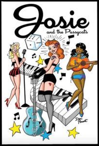 Variant cover for Josie and the Pussycats featuring the band as pinups, playing their instruments.
