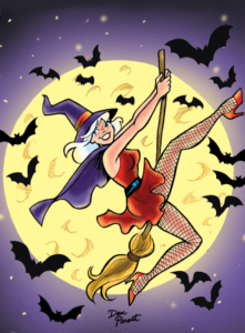 Sabrina varient cover featuring Sabrina flying on her broom in front of a full moon with bats flying around her.