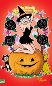 Variant cover of Sabrina, pin-up style, perched on a pumpkin and surrounded by black roses, her broom, and cat Salem.