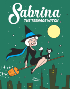 Variant cover featuring Sabrina dressed as a witch on a broom with Salem, flying over a city, a la the iconic Bewitched opening credits.