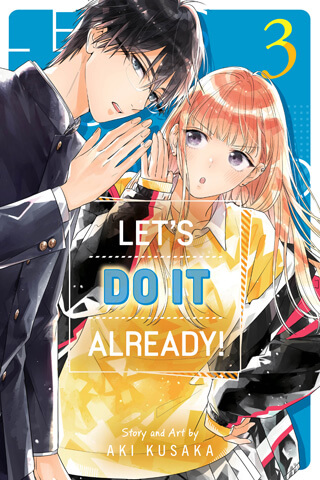 Cover of Let's Do It Already! Volume 3 depicting Yuri and Keiichi standing together and touching pinkies against a blue background