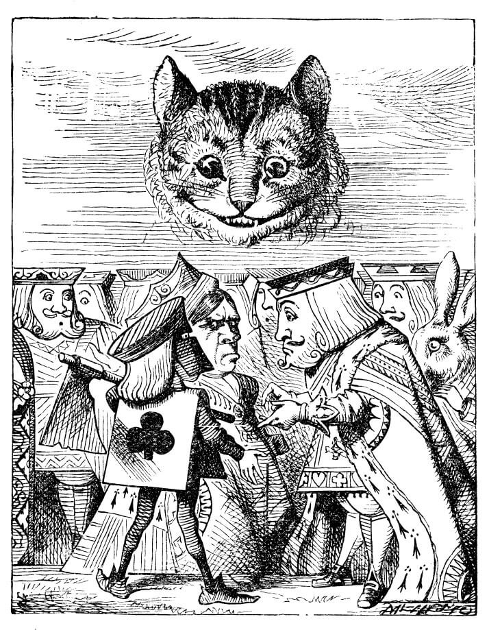 John Tenniel's illustration for Alice's Adventures in Wonderland showing the disembodied head of the Cheshire Cat grinning down at the playing-card people.