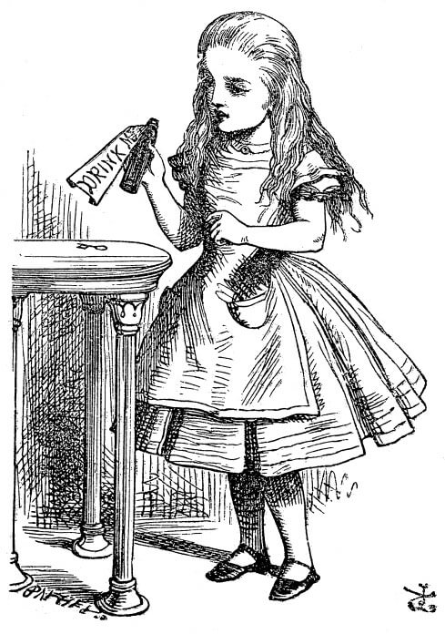 John Tenniel's illustration for Alice's Adventures in Wonderland showing Alice inspecting a bottle labelled "Drink Me"