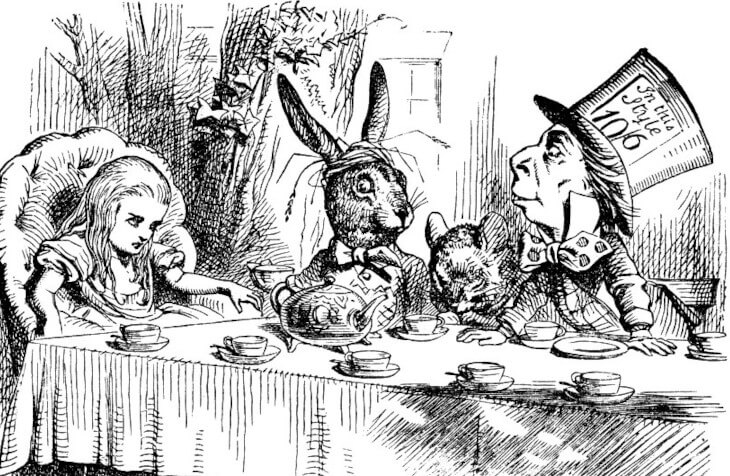 John Tenniel's illustration for Alice's Adventures in Wonderland showing Alice, the Mad Hatter, the March Hare and the Dormouse having a tea party.
