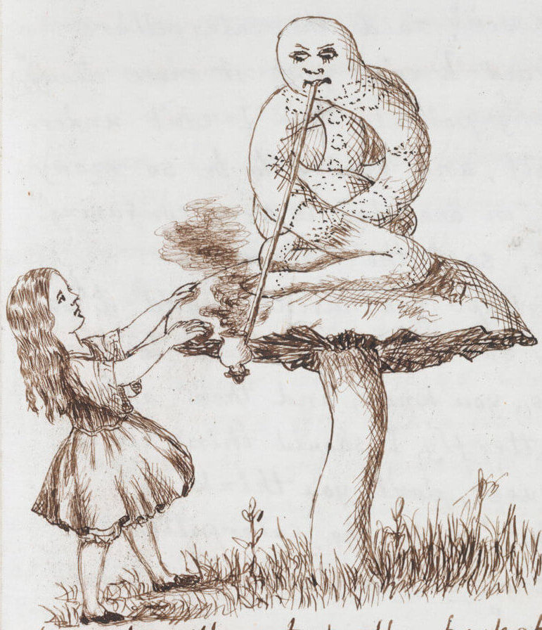 Lewis Carroll's drawing of the scene in his story where Alice meets the Caterpillar. The caterpillar is longer and more snake-like than in Tenniel's better-known illustration.