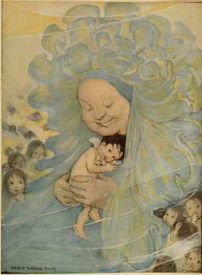 One of Jessie Wilcox Smith's illustrations for the 1916 edition of Charles Kingsley's novel The Water Babies. Shows an elfin baby being comforted by a large, matronly figure.