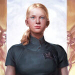 Detail from the cover of Some Desperate Glory by Emily Tesh. Illustration shows a blonde woman striding against a futuristic backdrop.